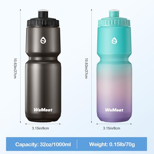 WEMEET Lightweight Cycling Water Bottle 2-Pack, Fits Most Bike Cages, Squeeze Water Bottle for Cycling, Running, Fitness(Black & Green Pink Purple, 32oz) - color: Black Green Pink Purple, size: 32 Ounces