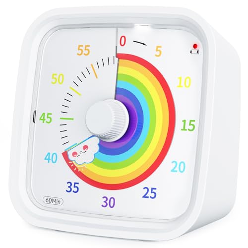 Yunbaoit Rainbow Visual Timer for Kids, 60-min Countdown Timer, White | Protective Case, No Ticking, Mute and Ringing Alarm Available, Time Management Tool, Low Power Reminder, for Study,Game,Work - color: White Rainbow