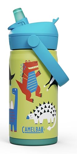CamelBak Thrive Flip Straw Kids Insulated Stainless Steel Water Bottle with Bite Valve, Spill Resistant Easy Sip Design for School and Play, 12oz, Dino Jam - color: Dino Jam