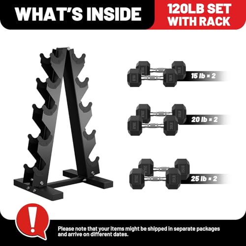 Hex Dumbbell Sets with Rack, 85-560lb Dumbbell Weight Set & Storage Rack | PAPABABE Dumbbell Set with Stand, Rubber Dumbbell Weight Set, Multiple Options Hand Weight for Strength Training - size: 120lb (15, 20, 25lb)x2& Rack