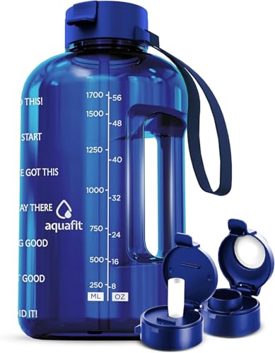 AQUAFIT Half Gallon Water Bottle with Motivational Quotes | BPA Free 64 oz Water Bottle with Straw and Chug Lids - Leakproof Gym Water Bottle with Carry Handle (Blue) - color: Blue, style: 64 oz - 2 Lids