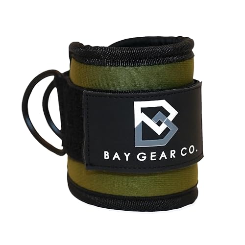 Bay Gear Co. Ankle Straps – Strong Hook and Loop System & Neoprene Padded for Cable Machine Glute Workouts, Slick Black Stainless Steel D Ring, Adjustable Fit, Different Design, Single/Pair. - color: OD Green, size: Single