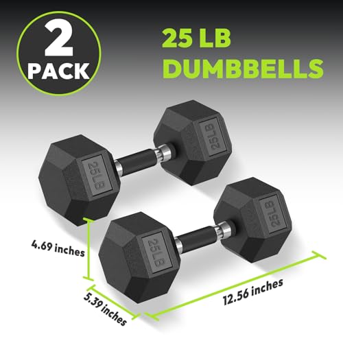 HANDBODE Rubber Encased Hex Dumbbell Pair, 2.5-65 lb | Non-Slip Handle Design for Secure & Comfortable Grip, Hand Weights for Strength Training, Fitness & Home Gym - size: 25 lb, Pair, style: Comfort Grip