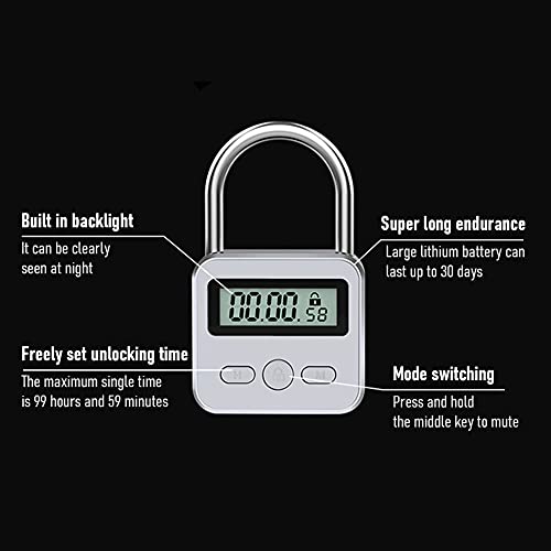 Metal Timer Lock, LCD Display Multi-Function Electronic Timer Lock, 99 Hours Max Timing, USB Rechargeable Timer Padlock (Silver)