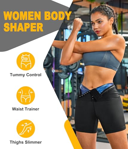 TrainingGirl Compression Sweat Shorts for Women Workout Sauna Suit Gym Sets High Waist Trainer Thigh Fat Slimmer Yoga Pants - color: Black Blue-inner Hooks, size: Large