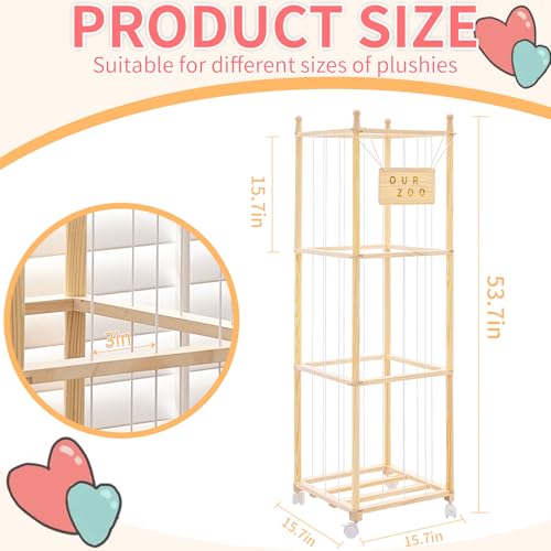 Stuffed Animal Storage & Organizer with Wheels, Wooden Stuffed Animal Zoo Storage with Elastic Band & Net, Space Save Toy Organizers, Plush Toy Holder for Kids Bedroom, Playroom and Nursery (Natural)