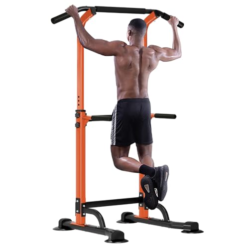 SogesHome Power Tower Pull Up Bar and Dip Station, Height Adjustable Dip Stand Exercise Machine for Home Gym, Multi-Functional Free Standing Strength Training Fitness Workout Station - color: Orange