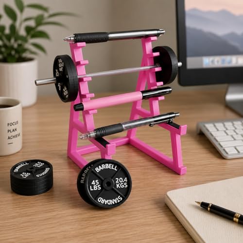 Gerrii Barbell Rack Pen Holder Squat Rack Pen Holder Hot Pink Mini Gym Design Fun Desk Decor with Weights & Barbells, Gift Cards for Gym Lovers Weightlifting Fans Trainers Office Decor