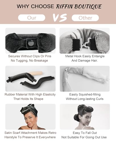 Grande Heatless Curls Overnight Rods - Upgraded Directional Grip Velvet - No Heat Hair Curlers to Sleep, Jumbo Large Hair Rollers Flexible Curling Rods Set for Long Thicker Coarser Hair Blowout Look - color: Black