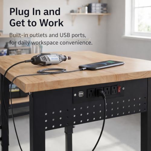 48" Workbench with Footpads, Adjustable Height Work Bench with Rubberwood Top, Built-in Power Outlet with 4 AC Outlets and 2 USB Ports, 2000 LBS Capacity for Garage, Workshop and Home