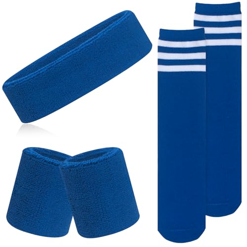 ONUPGO 5 Pieces Kids Sweatbands Soccer Socks Set - Sports Headband, Wristbands, Striped High Socks for Kids, Youth,Toddler & Baby - Football, Basketball, Running, Cycling, Tennis - color: Blue