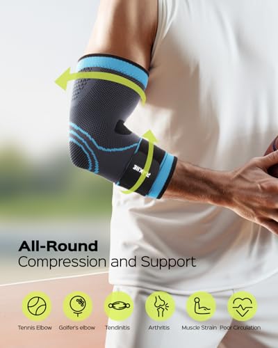 Rakiie Elbow Compression Sleeve 2 Pack, Elbow Brace for Tendonitis and Tennis Elbow, Pain Relief Elbow Brace for Men & Women, Elbow Sleeve Reduce Joint Pain for Tennis, Golfer, Workouts, Blue (M) - color: Blue, size: Medium