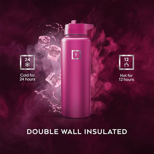 IRON °FLASK 40 oz Wide Mouth Water Bottle with Straw | Insulated Stainless Steel Sports Water Bottle with Leakproof Straw Lid - BPA Free, Cold 24 Hrs, Sweat Free (Pink Tulip) - color: Pink Tulip, style: Straw - 40 Oz (1 Lid)