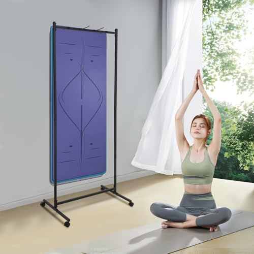Yoga Mat Storage Rack, Black Freestanding Small Yoga Mat Storage Rack, Iron Commercial Yoga Mat Towl Organizer with Adjustable Hooks Rolling Castors, Yoga Mat holder Wall Mount for Home, Yoga Studio