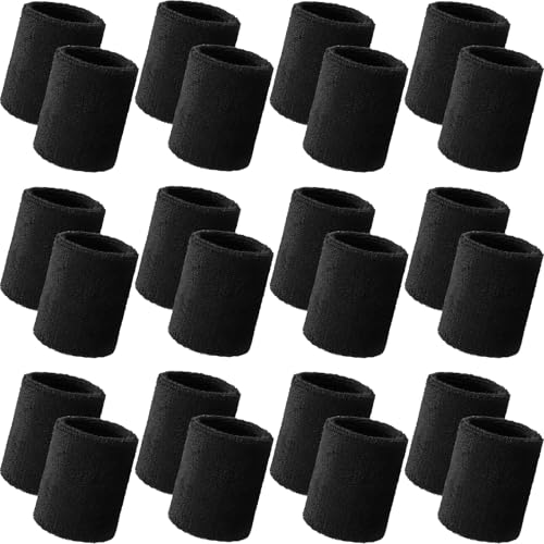 Bememo 24 Pcs Wrist Sweatbands Bulk Sports Wrist Bands for Men Women Breathable Athletic Tennis Wristbands Stretchy Absorbent Cotton Terry for Basketball, Baseball, Gym, Working Out - color: Black