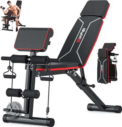 GIKPAL Adjustable Weight Bench - Workout Bench Press for Home Gym, Foldable Incline Decline Sit up Exercise Bench for Full Body Strength Training w/Leg Extension and Preacher Pad - color: Black - Glossy