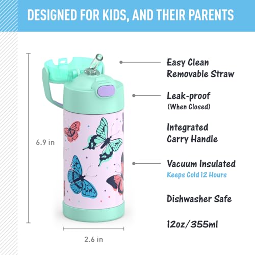 THERMOS FUNTAINER Water Bottle with Straw, 12oz, Butterfly Frenzy | Kids Stainless Steel Insulated Water Bottle, Keeps Drinks Cold Longer for School & Play, BPA-Free - color: Butterfly Frenzy, size: 12 Ounces