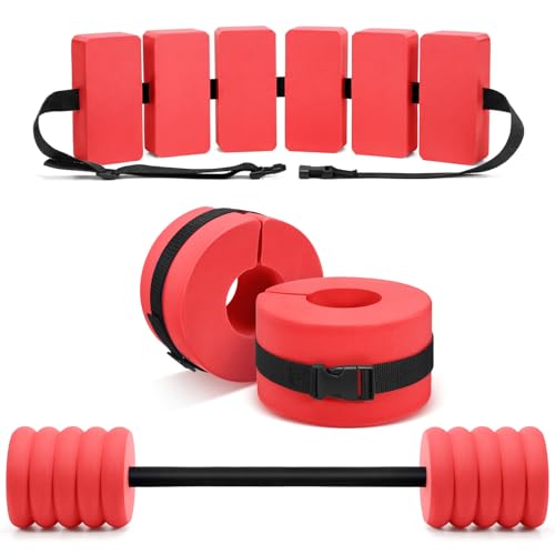 Soulchen Pool Exercise Set Including Long Aquatic Exercise Dumbbells,Pool Ankle Weights,Swim Belt,Water Aerobics Water Aerobics Equipment Set for Full Body Swim Training Kit - color: Red, size: Middle