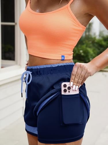 Fisoew Women Athletic Shorts 2 in 1 Running High Split Color Block Workout Yoga Mesh Shorts Pocket Drawstring - color: Dark Blue, size: Small