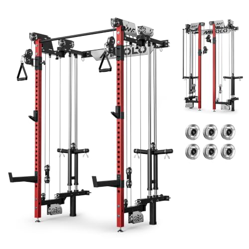 Mikolo Folding Squat Rack, Wall Mounted Power Rack with Cable Crossover Machine & LAT Pull Down, Functional Trainer with 5 Adjustable Function Modes, Home Gym Package - color: Red, size: WR02 Pro-Forge (Rack Only)
