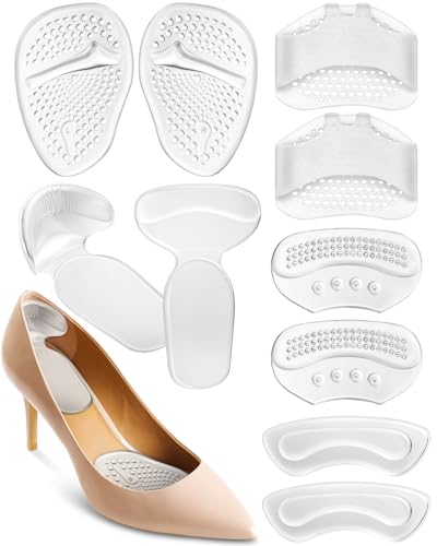10PCS High Heel Comfort Pad Inserts, Silicone Shoe Cushion Insoles Heel Grips Liner Metatarsal Pads for Women Shoes Too Big, Prevent Rubbing Blisters, Self Adhesive, Clear