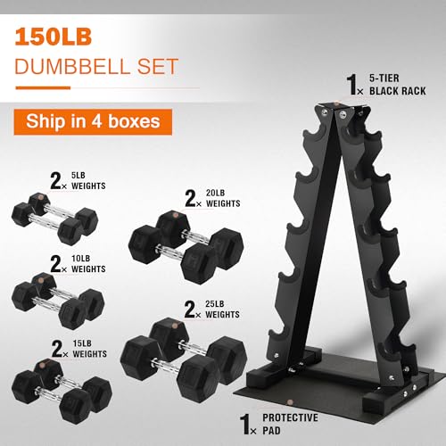Fitvids Rubber Coated Hex Dumbbell Set with Storage Rack, 100/150/200/550 LB Hand Weight Set with Anti-Slip Grip for Home Gym - size: 150LBS Set