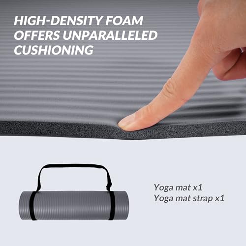 Signature Fitness Extra Thick High-Density Foam Yoga Mat – Multiple Thicknesses (1/2" & 1") / Multiple Colors – Double-Sided Non-Slip Surface – with Carrying Strap for Pilates, Yoga & Home Workouts - color: Graphite-1/2"thick