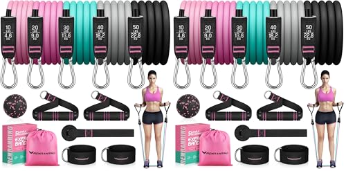 RENRANRING Resistance Bands for Working Out, 150LBS Exercise Bands, Workout Bands, Resistance Bands Set with Handles for Men Women, Legs Ankle Straps - color: Black, Gray, Blue, Medium pink, Pink, size: 51.0 inch (Pack of 2)