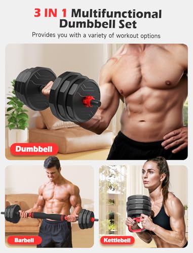 UKEEP Adjustable Dumbbells, 20/30/40/55/60/70/80/90lbs Free Weights Dumbbells Convertible 2 or 3 in 1 Set Used as Barbell, Kettlebells, A Pair of Lightweight for Home Gym - style: 3 IN 1 55LB (27.5LB Pair)