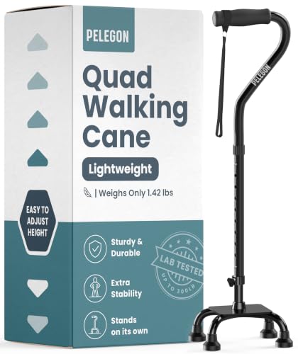 PELEGON Quad Cane (300 lb) - Adjustable Walking Cane with A Large 4 Pronged Base for Extra Balance & Stability, Walking Canes for Seniors, Walking Cane for Men & Women, Walking Sticks - color: Black-Lightweight