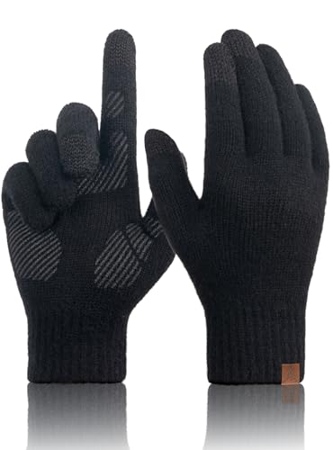 TRENDOUX Merino Wool Winter Gloves: Touch Screen Knitted Gloves Warm Thin Non-slip Glove for Men Women Driving Running Gift - color: Black, size: Large