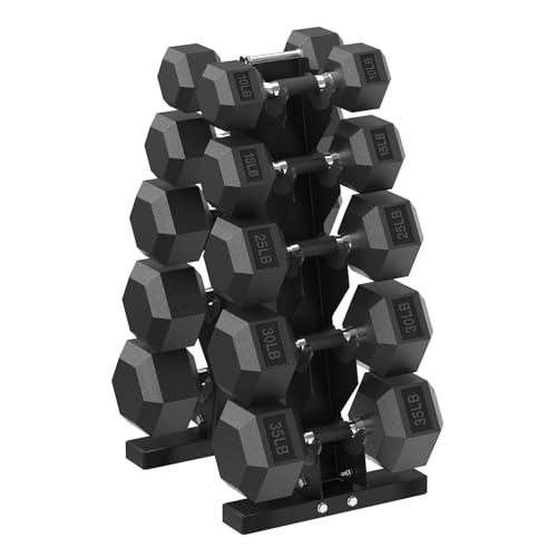 HANDBODE Hex Dumbbell Set with Vertical Storage Rack, 100–550 lb | Non-Slip Handle Design for Secure Grip, Rubber Encased Dumbbells, Hand Weights for Strength Training and Home Gym - style: 230 lb (10, 15, 25, 30, 35 lb) X 2 & Rack