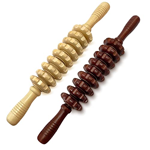 2Pcs Manual Massager Wooden Roller Trigger Point Massager Stick for Fascia, Cellulite, Muscle & Abdomen, Body Therapy Massager, Muscle Belly Relief Tool - color: Wood+coffee