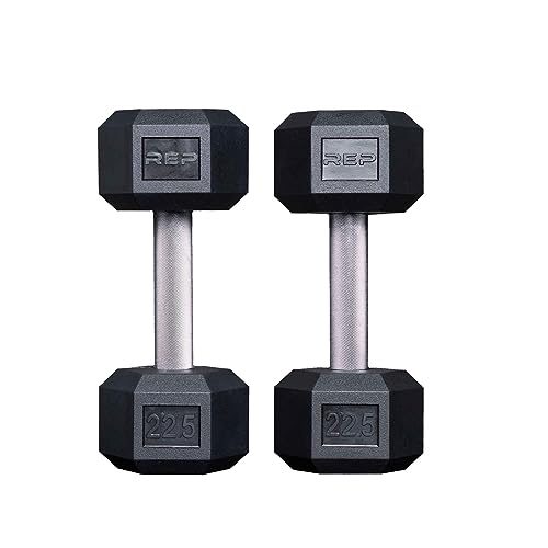 Rep Fitness Rubber Hex Dumbbell(s) - Singles (55LB +) and Pairs (5LB - 50LB) - Low Odor, Fully Knurled Handle - style: 22.5 LB Pair