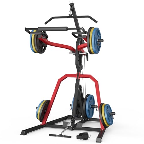 DONOW Leverage Gym Home Gym System Workout Station with LAT Pulldown | Upgraded Weight Plate Holder No Slide Off, Multi Function Squat Rack and Pulley System, US Team Service, 6 US Warehouses - color: Red