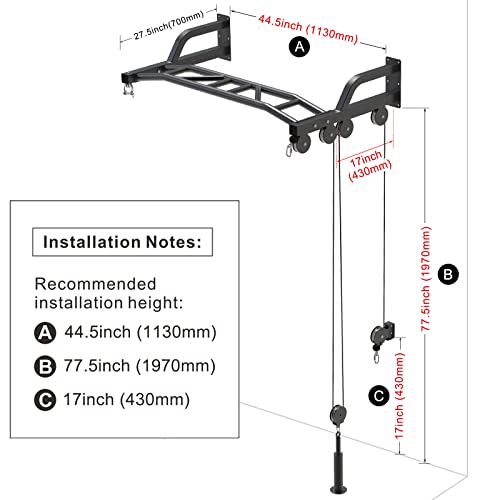 SELEWARE 48'' Heavy Duty Wall Mount Pull Up Bar with Cable Pulley System | Multi-function Chin up Bar with Cable Pulleys LAT Pulldown Attachments Heavy Bag Hanger for Home/Garage Gym Strength Training - color: A. Black Pull Up Bar with Cable Pulley System