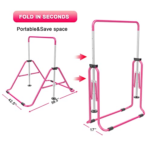 RINREA Gymnastic Bars for Kids, Adjustable Height Horizontal Bar for Home | 5-Height 35"-51", Foldable & Space-saving, Indoor Outdoor Training Kip Bar, with Gymnastics Rings & Gymnastics Pad - color: Pink