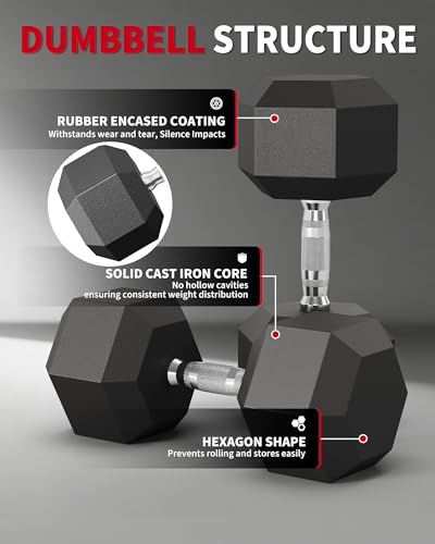 Hex Dumbbells Set of 2 Rubber Encased Cast Iron Weights Textured Carbon | Steel, Durable, Home, Versatile