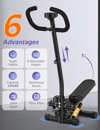 Mini Stepper with Handlebar for Exercise, 330lbs Stair Climber Machine | Hydraulic Fitness Stair Stepper with Resistance Band, Portable Workout Equipment for Home - style: Stepper with Handlebar-Black