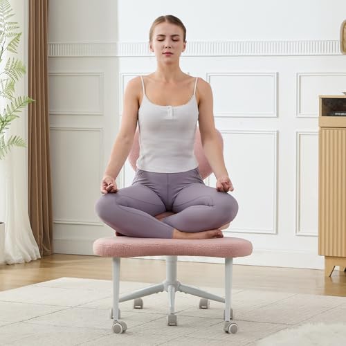 Cross Legged Office Chair, 360° Swivel Yoga Meditation Chair, Ergonomic Height Adjustable ADHD Criss Cross Office Chair with Wheels, Lumbar Support for Home Office, Pink - color: Pink, size: Heart Back