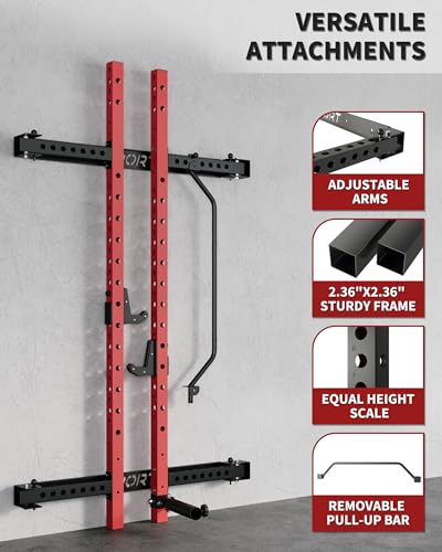 Folding Wall Mounted Squat Rack, 1000 Pounds Capacity Power Rack with Pull Up Bar, J Hooks and Other Attachments, Space Saving Multi-Functional Power Cage for Home Gym