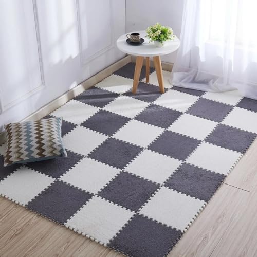 10pcs Plush Puzzle Foam Floor Mat, Soft Fluffy Interlocking Square Foam Tiles Area Rugs Carpet for Parlor Bedroom Decoration(11.8x11.8in, Grey & White) - color: Grey & White