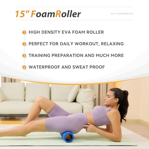 5 in1 Foam Roller Set, Trigger Point Foam Roller, Massage Roller Stick, Massage Ball, Resistance Band for Deep Muscle Massage Pilates Yoga,Fitness Exercise for Whole Body (Pure Blue) - color: Pure Blue