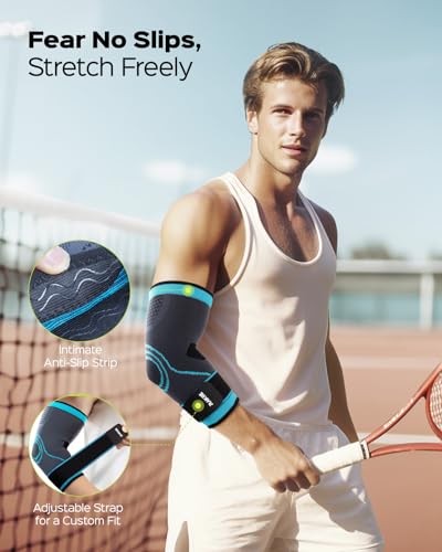 Rakiie Elbow Compression Sleeve 2 Pack, Elbow Brace for Tendonitis and Tennis Elbow, Pain Relief Elbow Brace for Men & Women, Elbow Sleeve Reduce Joint Pain for Tennis, Golfer, Workouts, Blue (M) - color: Blue, size: Medium