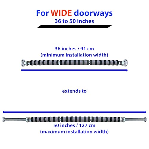 Maximiza Plus Doorway Pull Up Bar – Adjustable Width Screw-In Bar (V2) | Fits Wide doorways 36-50 inches. Maximum 330 lb load capacity. 3 sets of screw-in door-mounts included for safe home workouts
