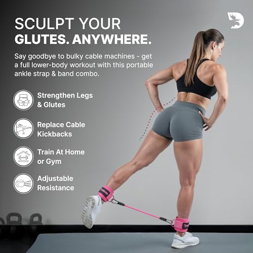 DMoose Ankle Strap for Cable Machine - One Size Fit with Premium Padding, Workout Kickback Ankle Cuffs, Ankle Bands for Working Out, Booty Workouts, Leg Extension, Hip Abductors & Lower Body Exercises - color: Pink + Tube Bands