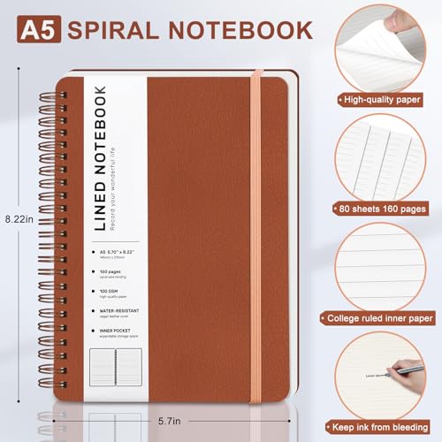 ABERLLS Lined Spiral Journal Notebook with 160 Pages, 8×5.7in, A5 Spiral Notebook, Journaling Notebooks for Work, School, Women, Men, College Ruled Spiral Notebook, Hardcover Leather Journals, Brown - color: Brown, size: A5