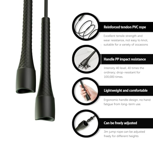 Unbreakable 5mm pvc Jump Rope – Pro-Grade PP Handles with Diamond Texture, 40X Strength PVC Cord, Adjustable 3m Length for HIIT, Home Gym, or Boxing Training (Portable & Tangle-Free) - color: Black handle with white cord