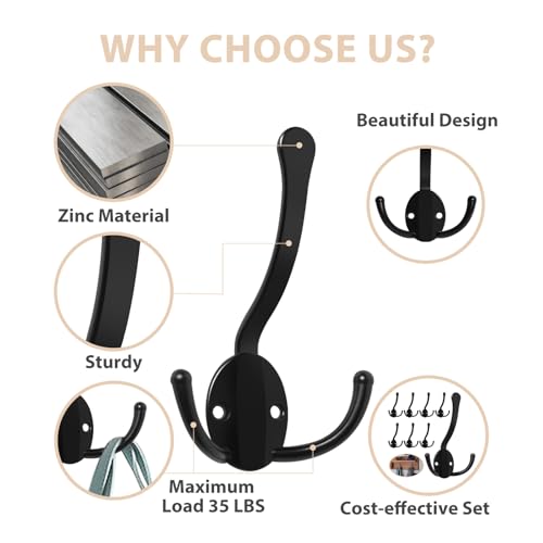 Homanu 8 Pack Coat Hooks Heavy Duty, Metal Three Prongs Large Coat Hooks Wall Mounted with 16 Screws, No Rust Black Rustic Wall Hooks for Hanging Towel, Coat, Scarf, Bag, Hat, Cup, Key - color: 8 Pcs Black