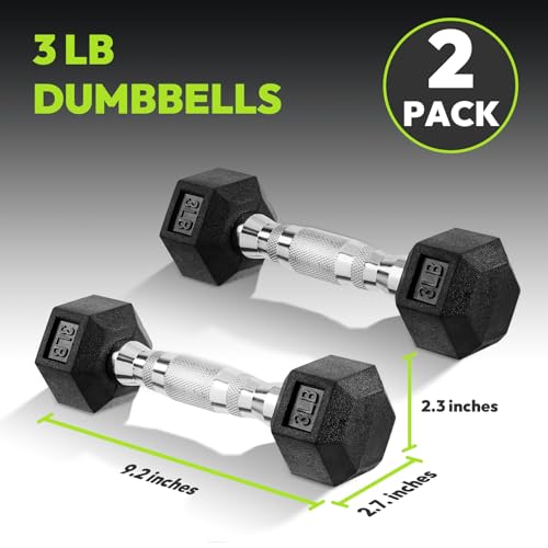 HANDBODE Hex Dumbbell Set of 2, Rubber Encased Fixed Dumbbells, 2.5-65 lb | Non-Slip Comfortable Handles, Hand Weights for Strength Training, Ideal for Home Gym Workouts - size: 3 lb, Pair, style: Chrome Handle